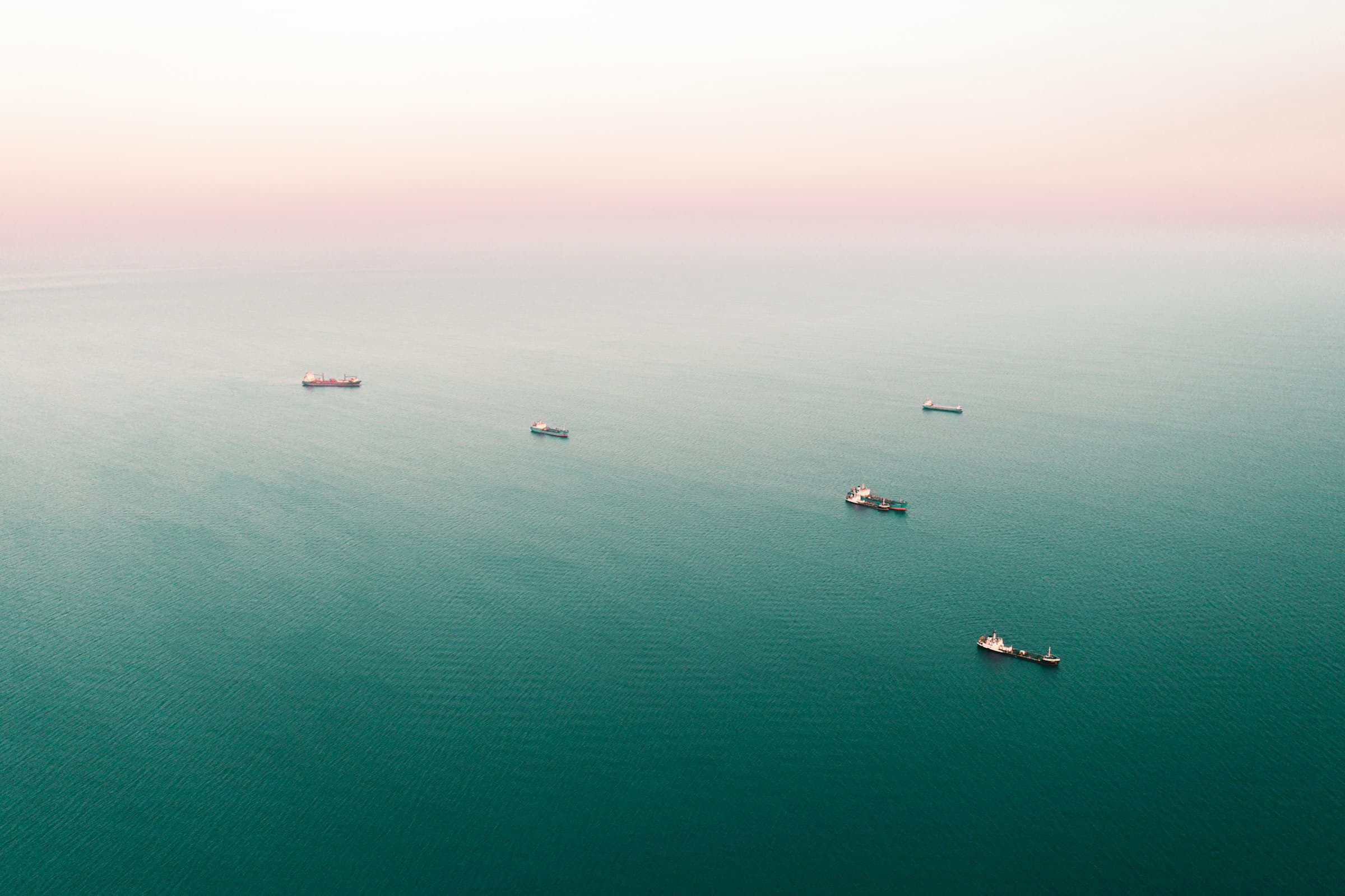 Cargo ships lying at anchor on a pale sea at first light